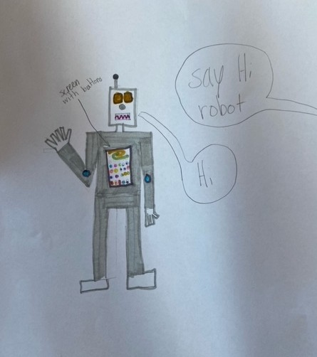 ※Emma's robot drawing — a greeting robot with a screen and buttons