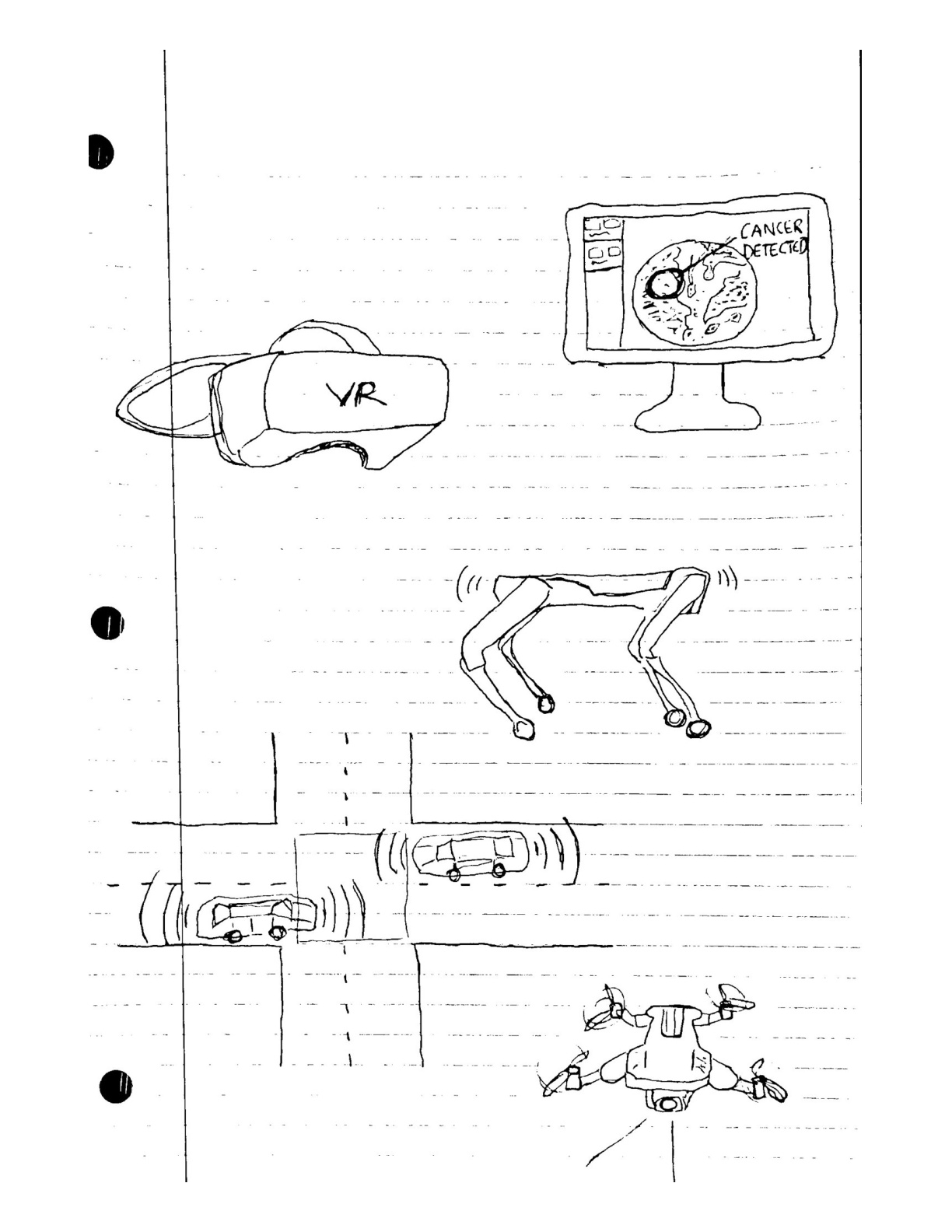 ※Ethan's robot drawing — VR headset, AI medical monitor, robot dog, self-driving cars, and delivery drone